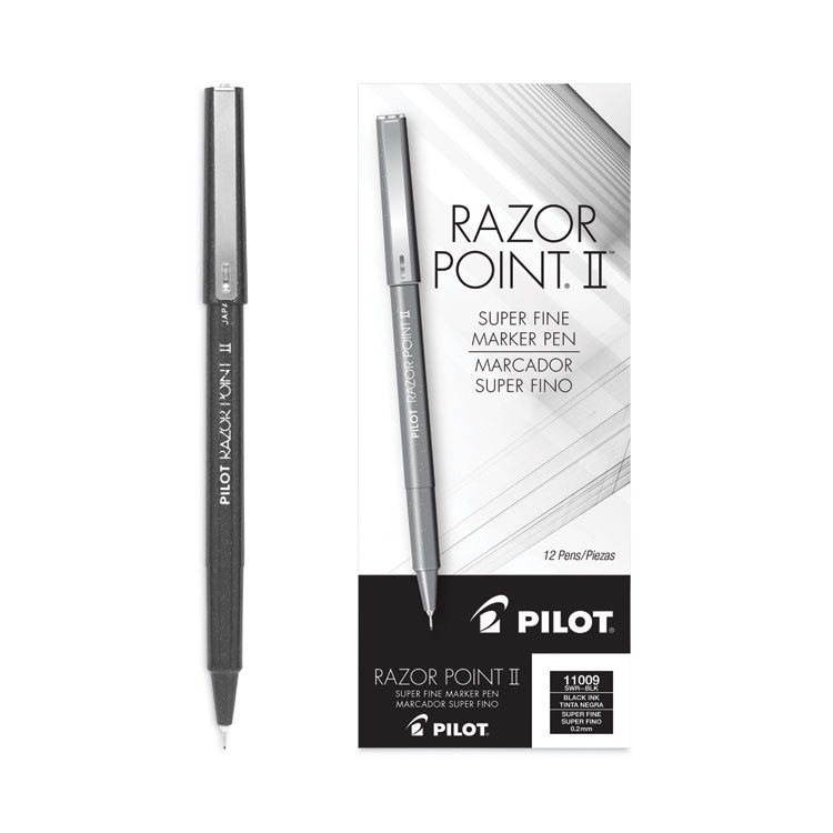 Razor Point II Super Fine Line Porous Point Pen, Stick, Super-Fine 0.2 mm, Black Ink, Black Barrel, Dozen