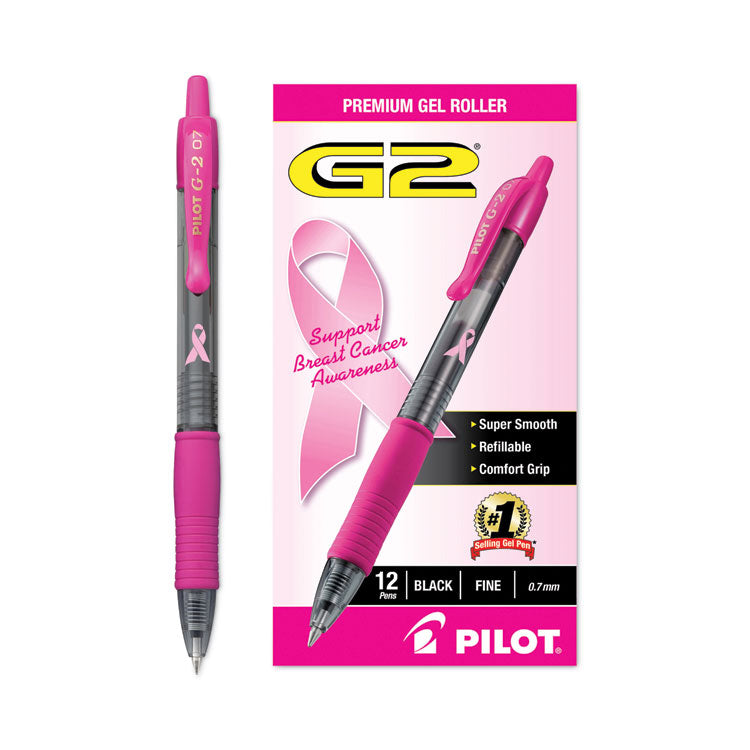 G2 Premium Breast Cancer Awareness Gel Pen, Retractable, Fine 0.7 mm, Black Ink, Smoke/Pink Barrel, Dozen