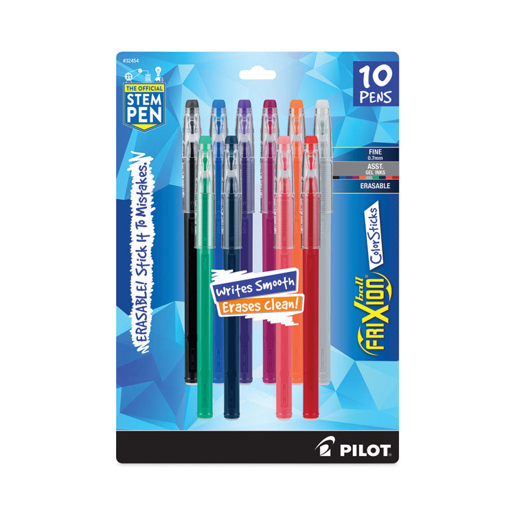FriXion ColorSticks Erasable Gel Pen, Stick, Fine 0.7 mm, Assorted Ink and Barrel Colors, 10/Pack