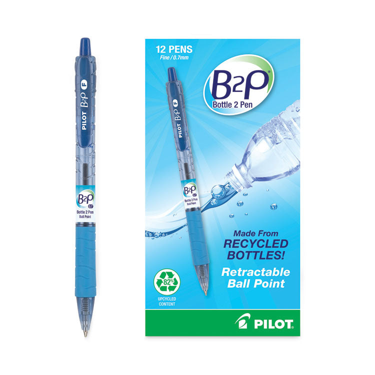 B2p Bottle-2-Pen Recycled Ballpoint Pen, Retractable, Fine 0.7 Mm, Blue Ink, Translucent Blue Barrel, Dozen