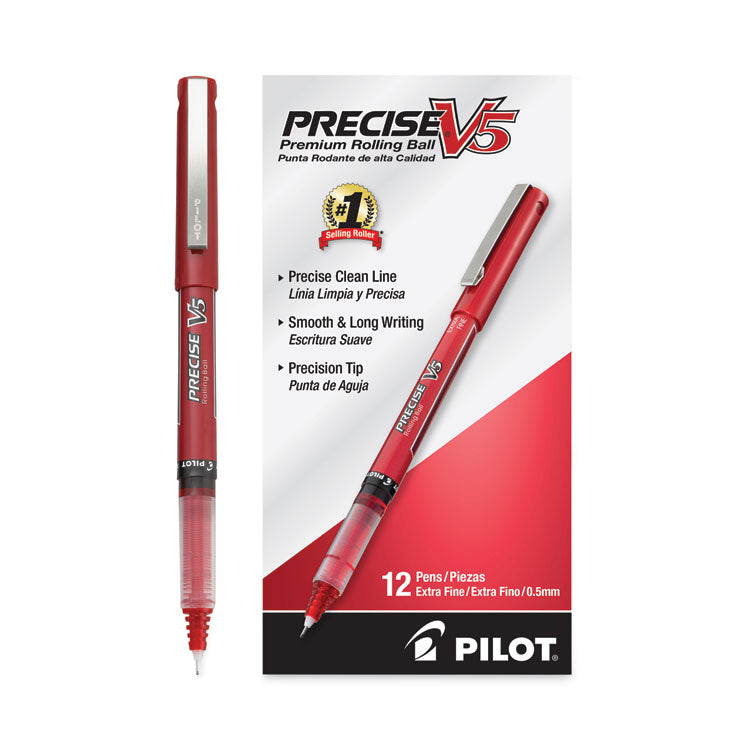 Precise V5 Rollerball Pen, Stick, Extra-Fine 0.5 mm, Red Ink, Red/Clear Barrel, Dozen