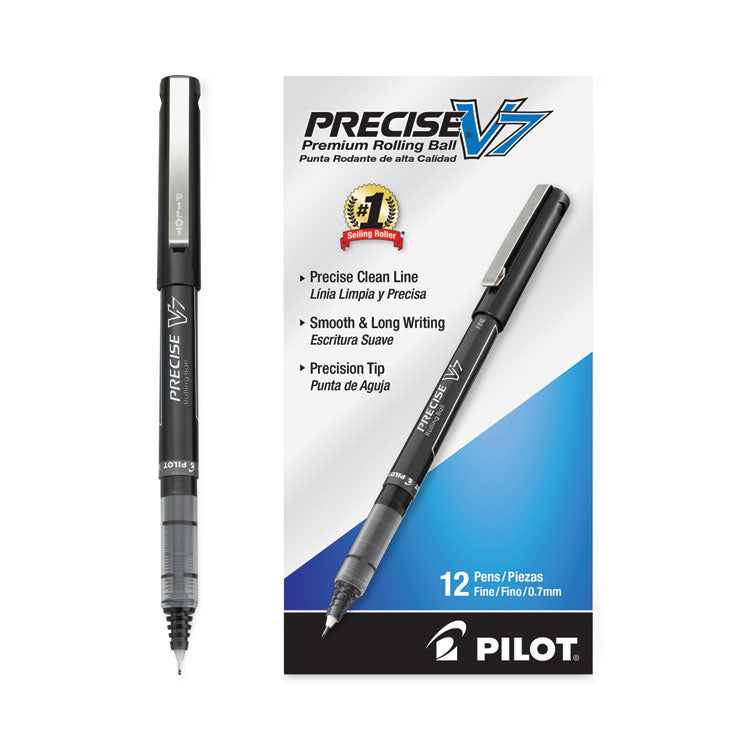 Precise V7 Rollerball Pen, Stick, Fine 0.7 mm, Black Ink, Black/Clear Barrel, Dozen