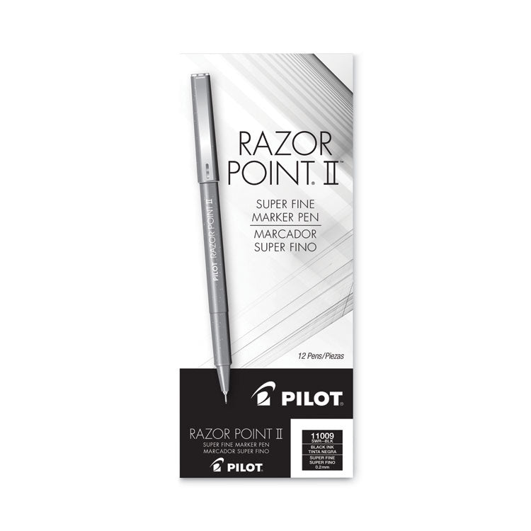 Razor Point II Super Fine Line Porous Point Pen, Stick, Super-Fine 0.2 mm, Black Ink, Black Barrel, Dozen
