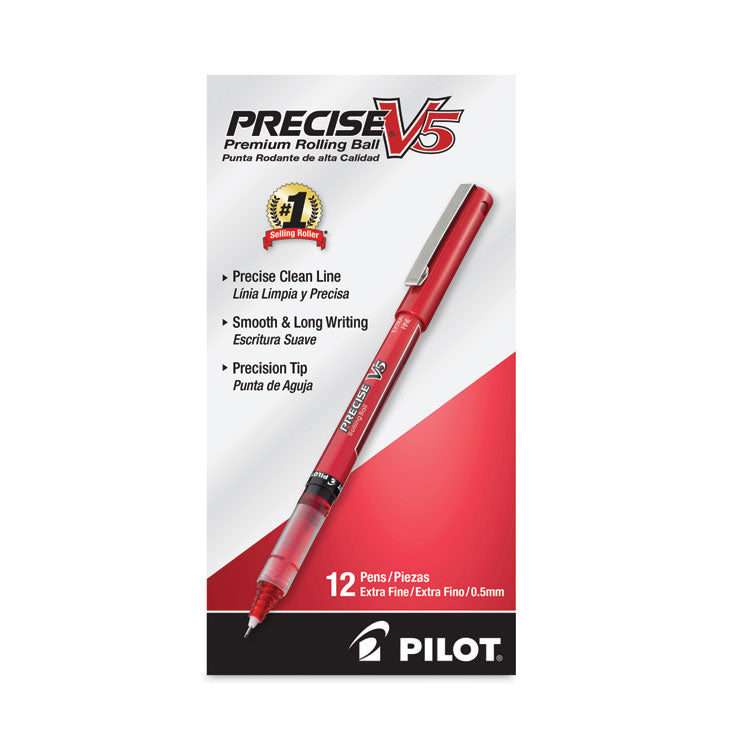 Precise V5 Rollerball Pen, Stick, Extra-Fine 0.5 mm, Red Ink, Red/Clear Barrel, Dozen