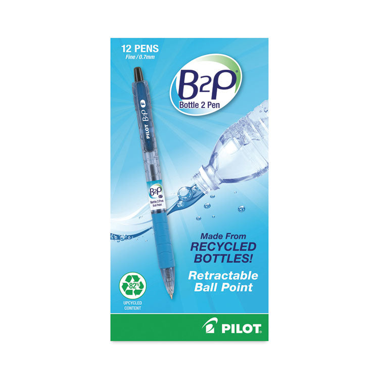 B2p Bottle-2-Pen Recycled Ballpoint Pen, Retractable, Fine 0.7 Mm, Black Ink, Translucent Blue Barrel, Dozen