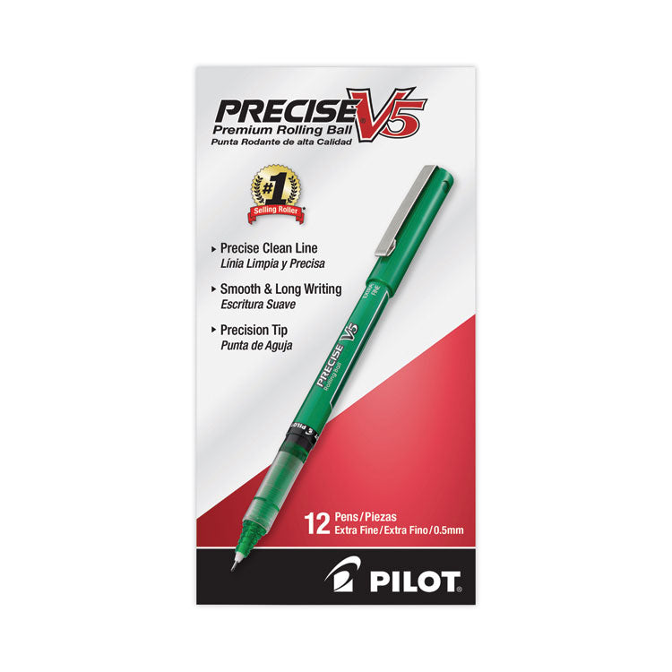 Precise V5 Rollerball Pen, Stick, Extra-Fine 0.5 mm, Green Ink, Green/Clear Barrel, Dozen