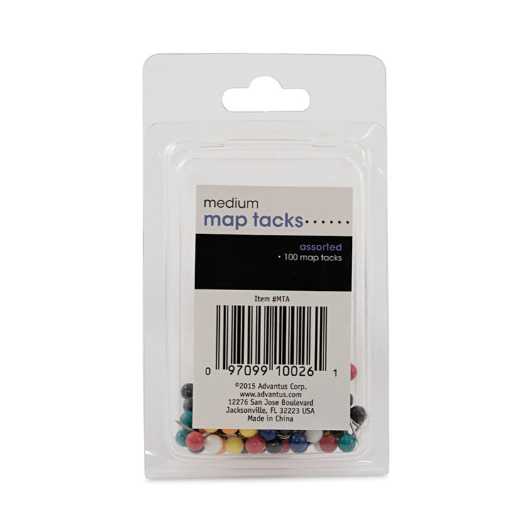 Map Tacks, Plastic, Assorted, 0.38", 100/Box