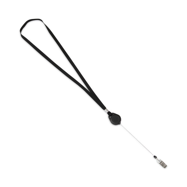 Lanyards with Retractable ID Reels, Metal Clip Fastener, 34" Long, Black, 12/Pack