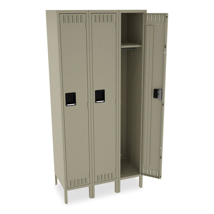 Single-Tier Locker with Legs, Three Lockers with Hat Shelves and Coat Rods, 36w x 18d x 78h, Sand