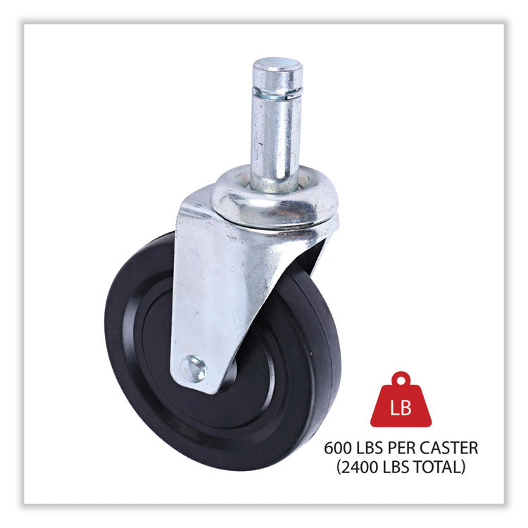 Optional Casters for Wire Shelving, Hooded Design with Integrated Bumpers, Grip Ring Stem, 5" Wheel, Black, 4/Set (2 Locking)