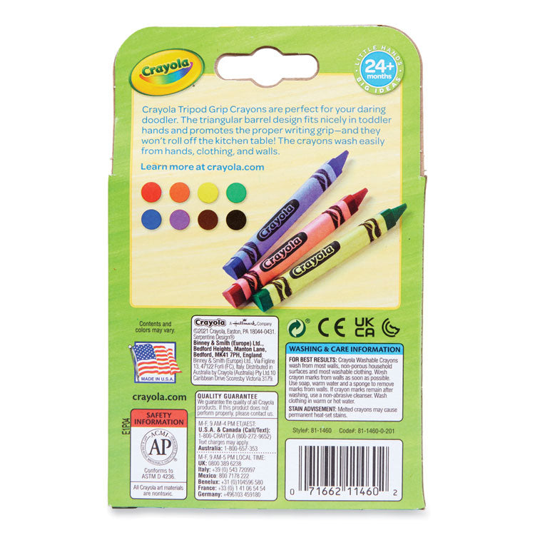 Washable Tripod Grip Crayons, Assorted Colors, 8/Pack