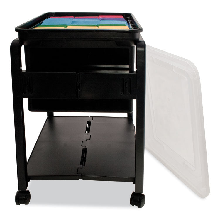 Folding Mobile File Cart, Plastic, 1 Shelf, 1 Bin, 14.5" x 18.5" x 21.75", Black