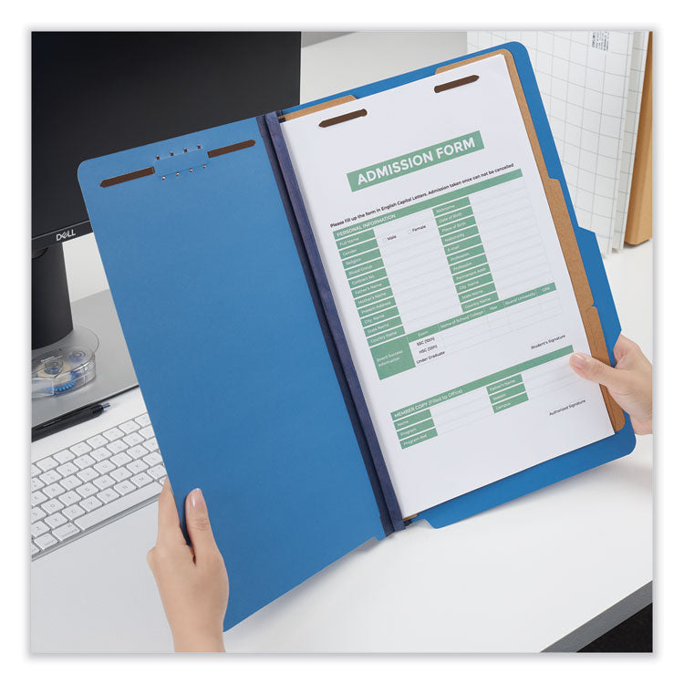 Bright Colored Pressboard Classification Folders, 2" Expansion, 2 Dividers, 6 Fasteners, Legal Size, Cobalt Blue, 10/Box