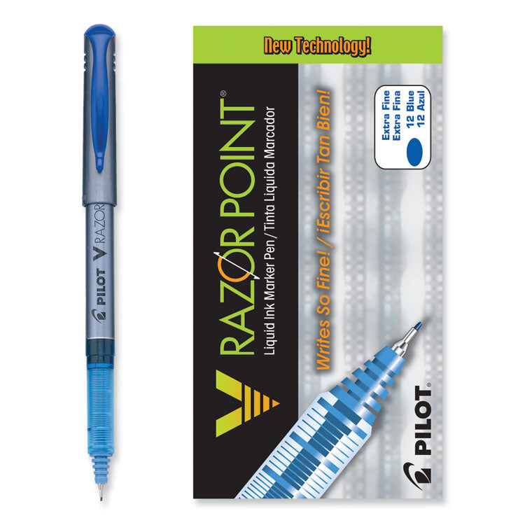 V Razor Point Liquid Ink Porous Point Pen, Stick, Extra-Fine 0.5 mm, Blue Ink, Gray/Translucent Blue Barrel, Dozen