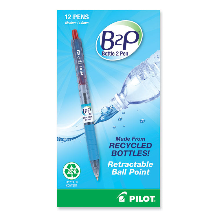 B2p Bottle-2-Pen Recycled Ballpoint Pen, Retractable, Medium 1 Mm, Red Ink, Translucent Blue Barrel, Dozen