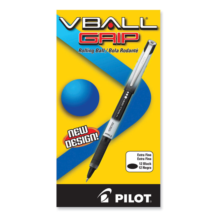 VBall Grip Liquid Ink Rollerball Pen, Stick, Extra-Fine 0.5 mm, Black Ink, Black/White Barrel, Dozen