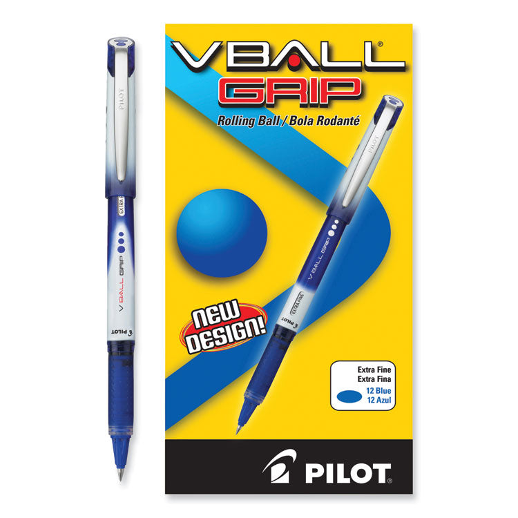 VBall Grip Liquid Ink Rollerball Pen, Stick, Extra-Fine 0.5 mm, Blue Ink, Blue/White Barrel, Dozen