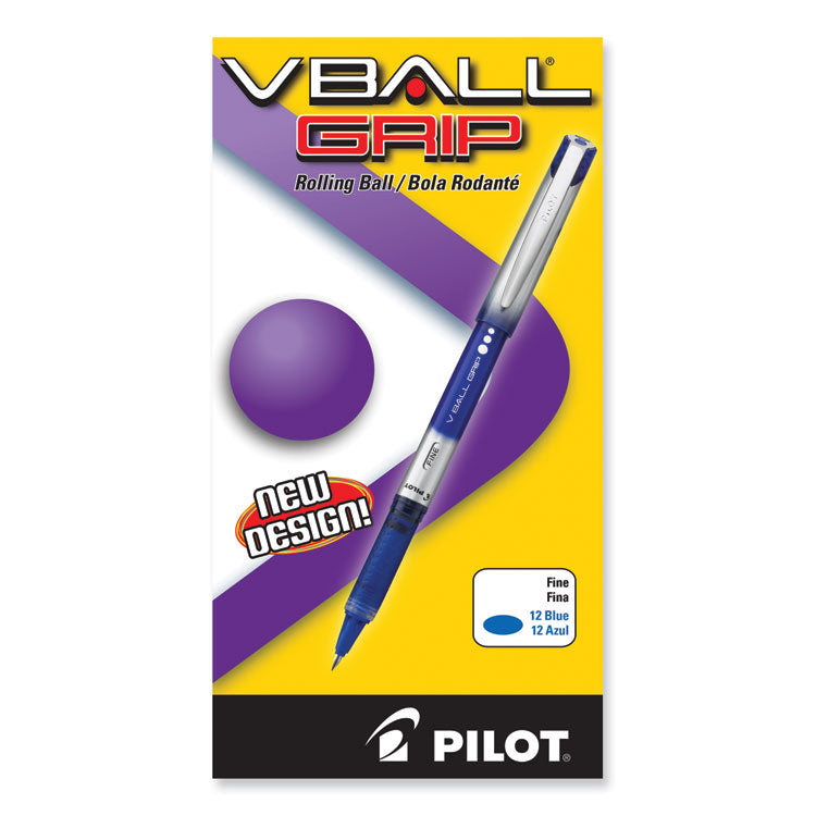VBall Grip Liquid Ink Rollerball Pen, Stick, Fine 0.7 mm, Blue Ink, Blue/Silver Barrel, Dozen