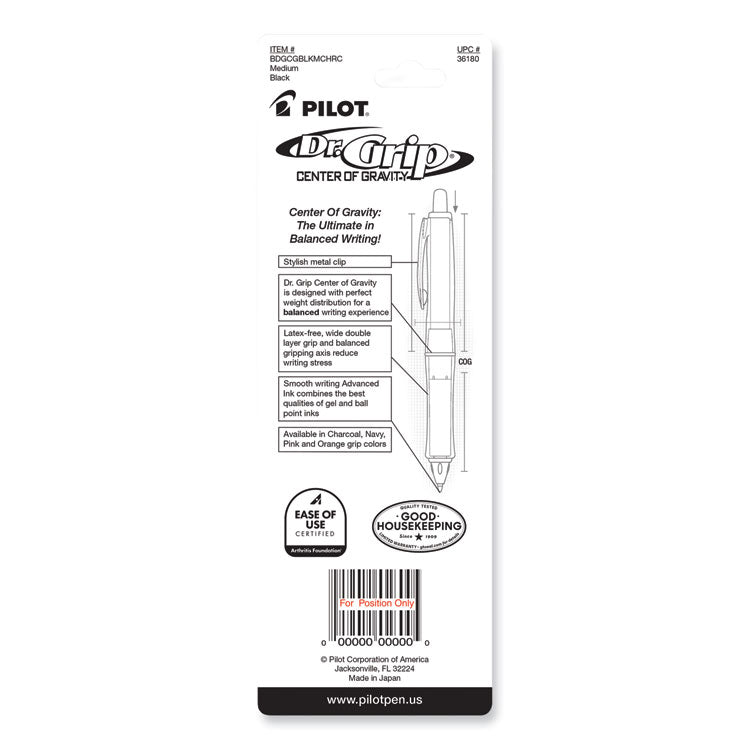 Dr. Grip Center of Gravity Ballpoint Pen, Retractable, Medium 1 mm, Black Ink, Silver/Charcoal Barrel