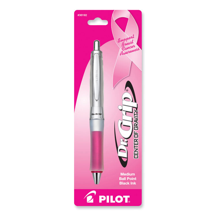 Dr. Grip Center of Gravity Breast Cancer Awareness Ballpoint Pen, Retractable, Medium 1 mm, Black Ink, Silver/Pink Barrel