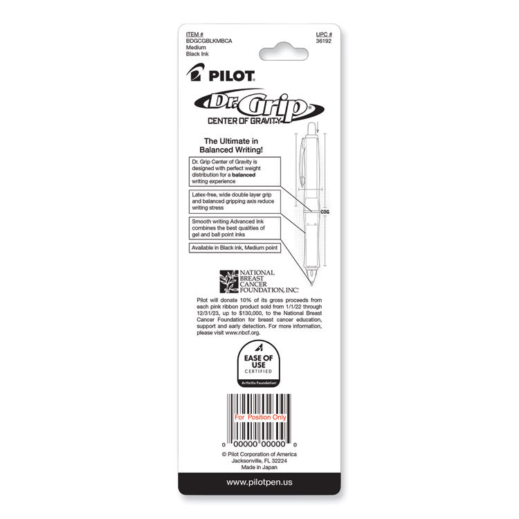 Dr. Grip Center of Gravity Breast Cancer Awareness Ballpoint Pen, Retractable, Medium 1 mm, Black Ink, Silver/Pink Barrel