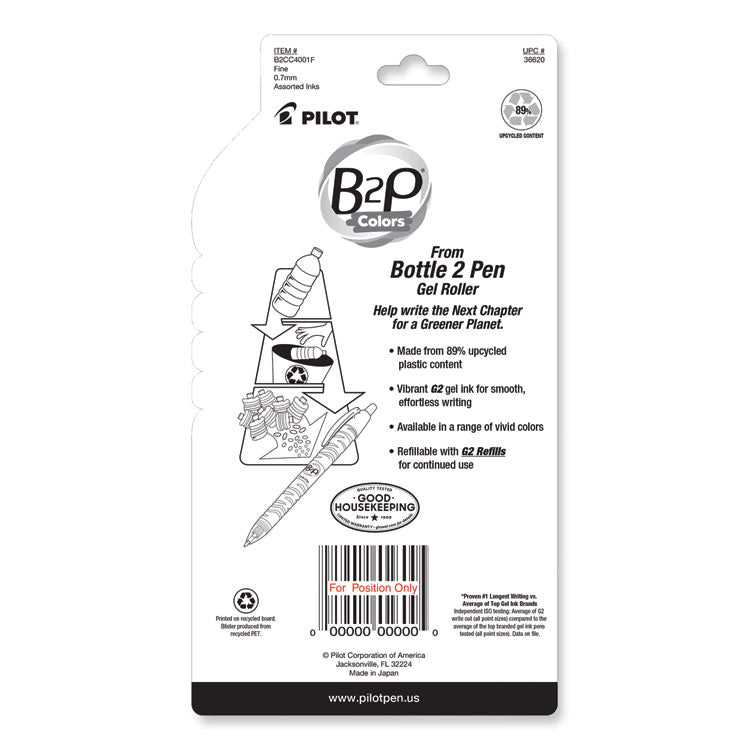 B2p Bottle-2-Pen Recycled Gel Pen, Retractable, Fine 0.7 Mm, Assorted Ink And Barrel Colors, 4/pack