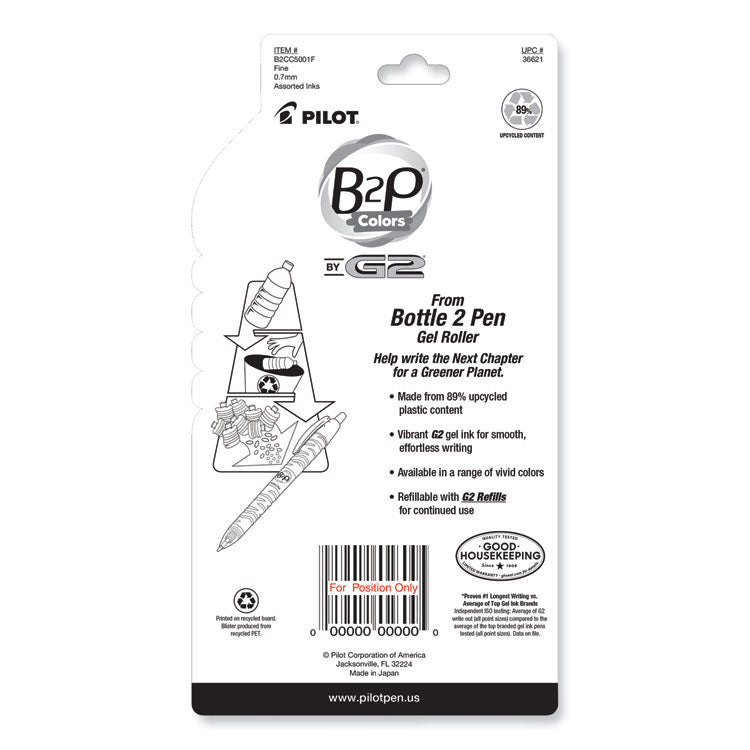 B2p Bottle-2-Pen Recycled Gel Pen, Retractable, Fine 0.7 Mm, Assorted Ink And Barrel Colors, 5/pack