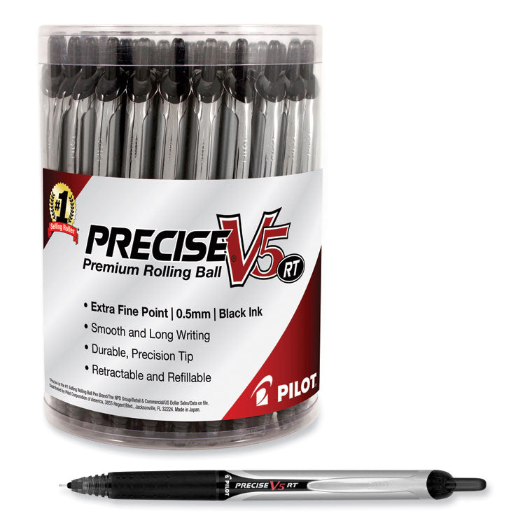 Precise V5RT Rollerball Pen, Retractable, Extra-Fine 0.5 mm, Black Ink, Black Barrel, 30/Pack
