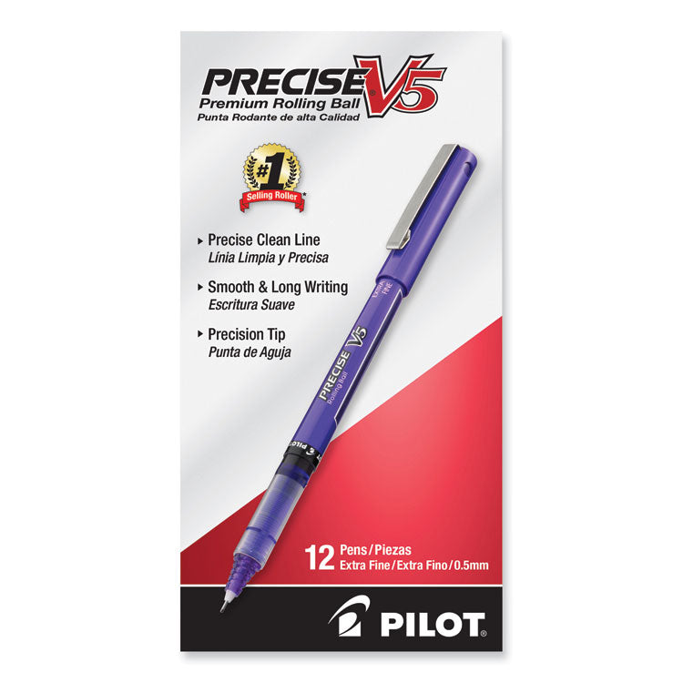 Precise V5 Rollerball Pen, Stick, Extra-Fine 0.5 mm, Purple Ink, Purple/Clear Barrel, Dozen