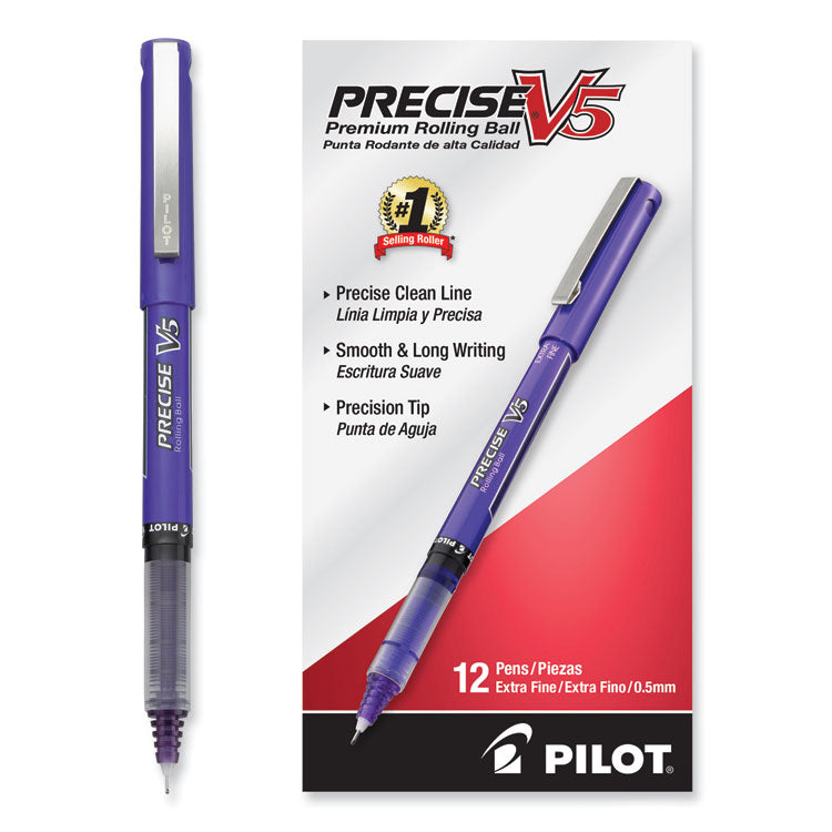 Precise V5 Rollerball Pen, Stick, Extra-Fine 0.5 mm, Purple Ink, Purple/Clear Barrel, Dozen