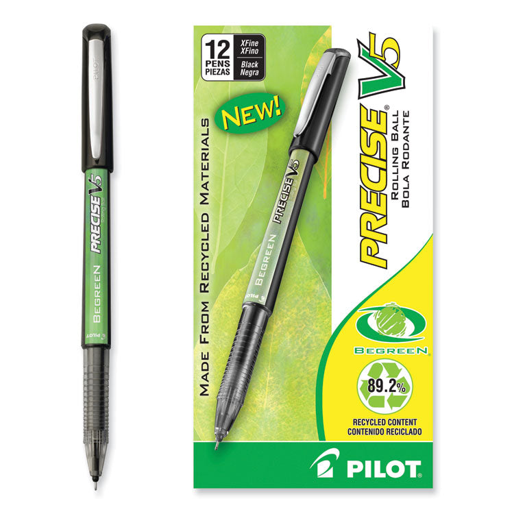 Precise V5 BeGreen Rollerball Pen, Stick, Extra-Fine 0.5 mm, Black Ink, Black Barrel, Dozen