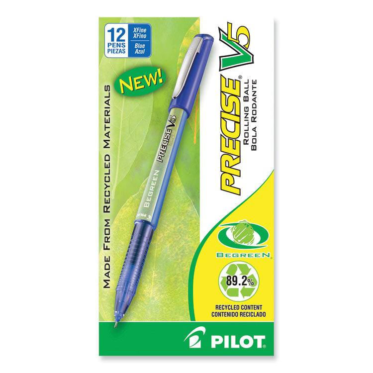 Precise V5 BeGreen Rollerball Pen, Stick, Extra-Fine 0.5 mm, Blue Ink, Blue Barrel, Dozen