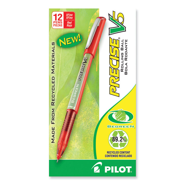 Precise V5 BeGreen Rollerball Pen, Stick, Extra-Fine 0.5 mm, Red Ink, Red Barrel, Dozen