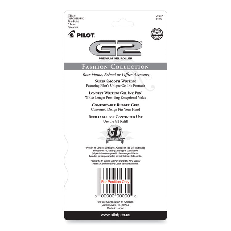 G2 Fashion Premium Gel Pen, Retractable, Fine 0.7 Mm, Black Ink, Assorted Barrel Colors, 5/pack