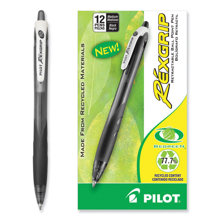 RexGrip BeGreen Ballpoint Pen, Retractable, Medium 1 mm, Black Ink, Smoke/Black Barrel, Dozen