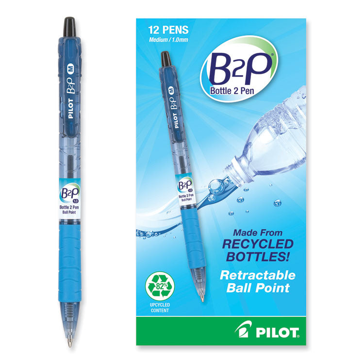 B2p Bottle-2-Pen Recycled Ballpoint Pen, Retractable, Medium 1 Mm, Black Ink, Translucent Blue Barrel, Dozen