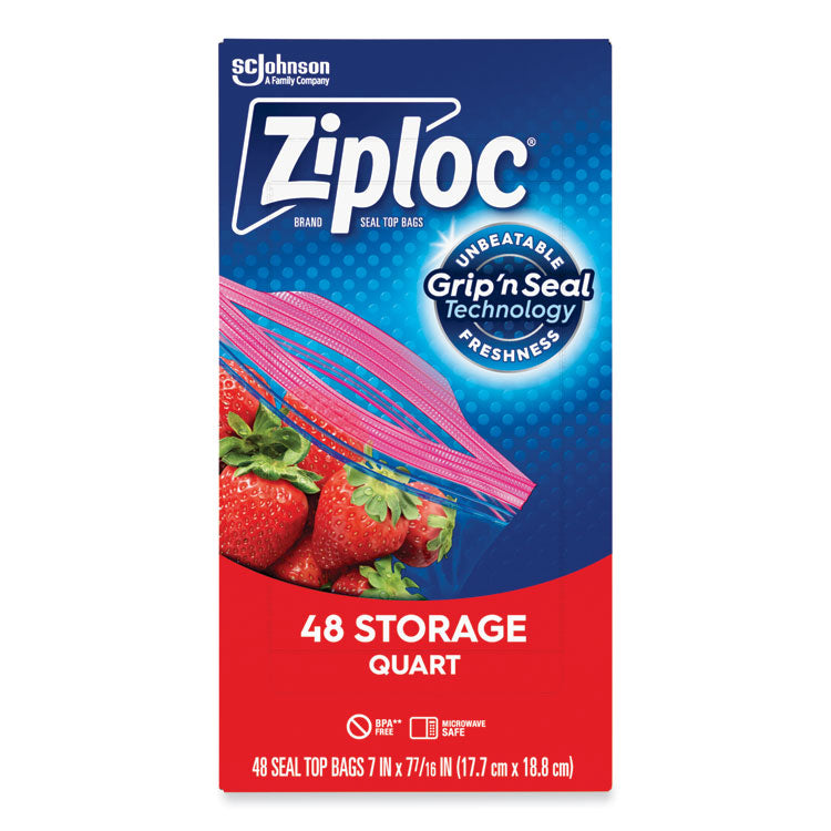 Double Zipper Storage Bags, Triple System Seal, Quart, 9.63" x 8.5", Clear, 48/Box