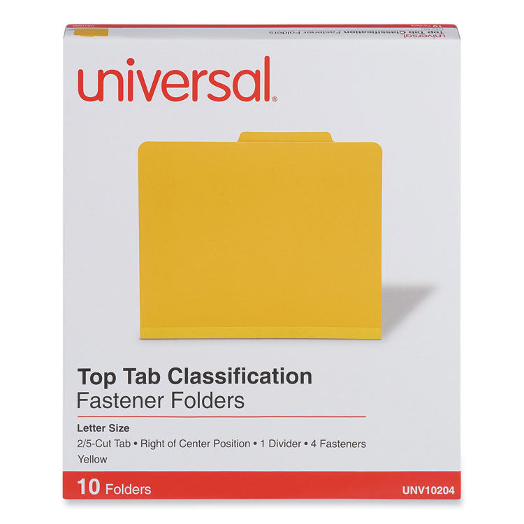 Bright Colored Pressboard Classification Folders, 2" Expansion, 1 Divider, 4 Fasteners, Letter Size, Yellow Exterior, 10/Box