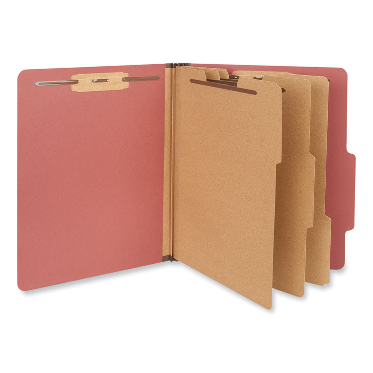 Eight-Section Pressboard Classification Folders, 3" Expansion, 3 Dividers, 8 Fasteners, Letter Size, Red Exterior, 10/Box