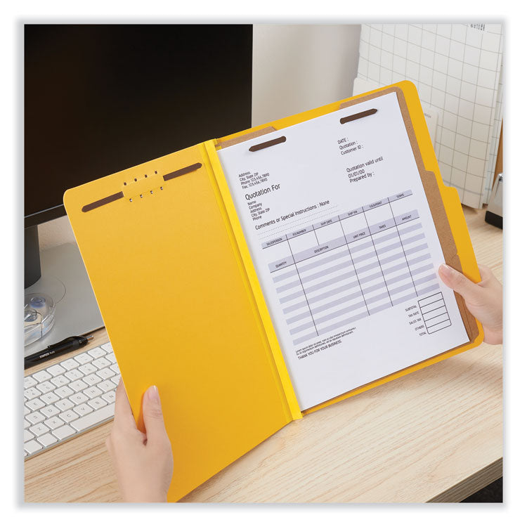 Bright Colored Pressboard Classification Folders, 2" Expansion, 2 Dividers, 6 Fasteners, Letter Size, Yellow Exterior, 10/Box
