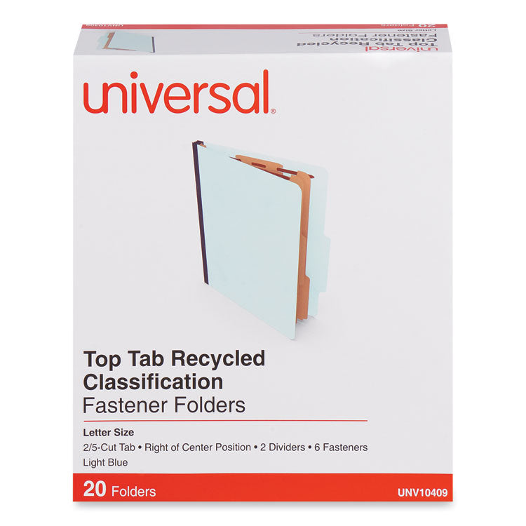 Six-Section Classification Folders, Heavy-Duty Pressboard Cover, 2 Dividers, 6 Fasteners, Letter Size, Light Blue, 20/Box