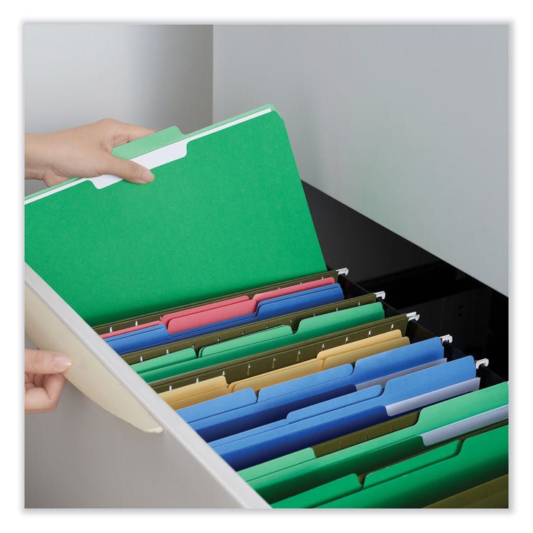 Interior File Folders, 1/3-Cut Tabs: Assorted, Letter Size, 11-pt Stock, Green, 100/Box