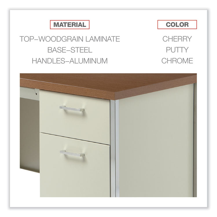 Single Pedestal Steel Desk, 45.25" x 24" x 29.5", Cherry/Putty, Chrome-Plated Legs