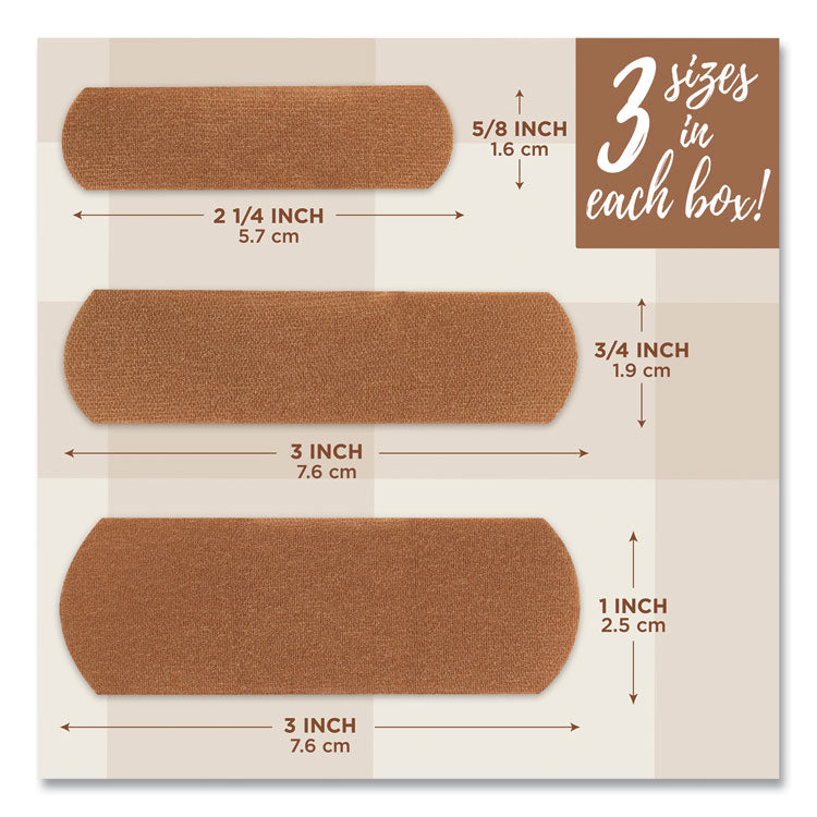 OurTone Adhesive Bandages, BR45, 2.25 x 0.63; 3 x 0.75; 3 x 1, Light Brown, 30/Pack