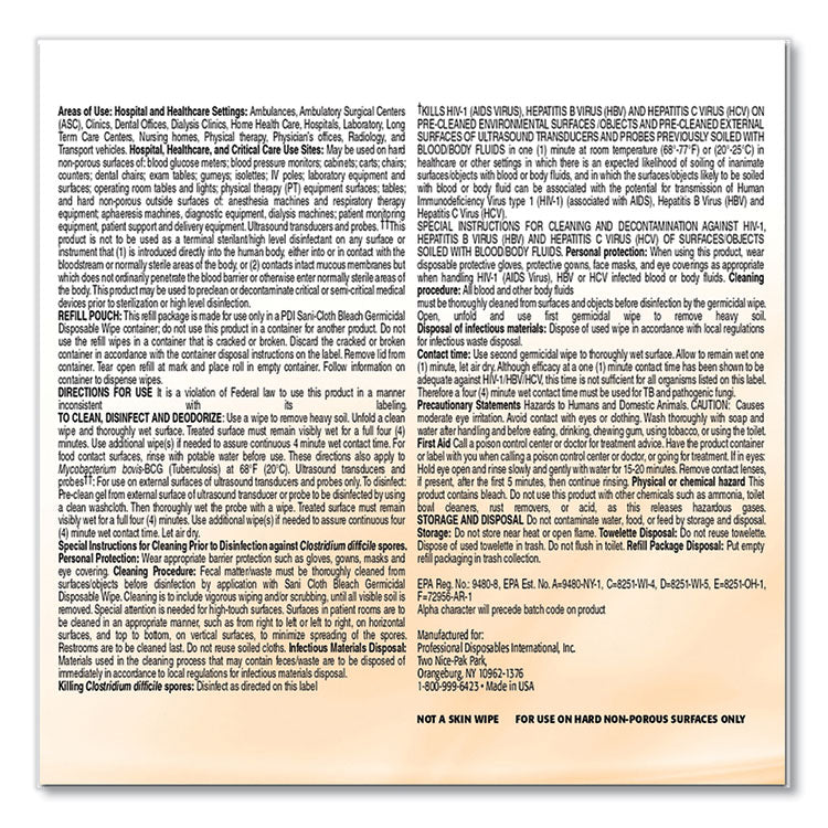 Sani-Cloth Bleach Germicidal Disposable Wipe Refill, 1-Ply, 7.5 X 15, Unscented, White, 160/bag, 2 Bags/carton