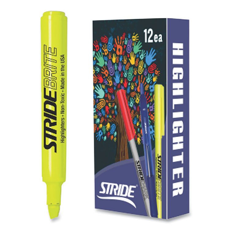 StrideBrite Tank Highlighter, Fluorescent Yellow Ink, Chisel Tip, Yellow Barrel, 12/Box