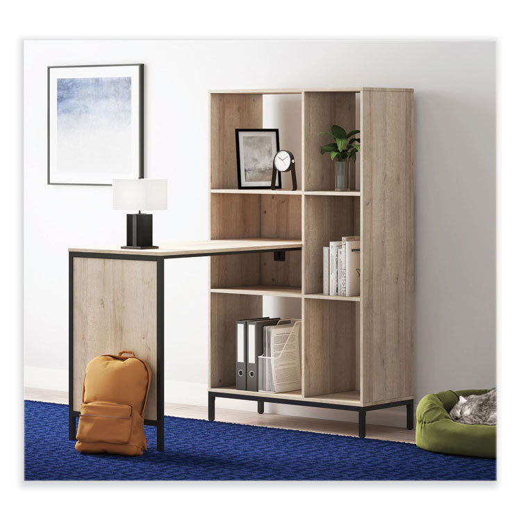 Turing Home Office Workstation with Integrated Bookcase and Power Center, 48.3" x 31.75" x 55.25", Desert Ash/Black