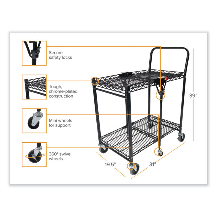Stowaway Folding Carts, Metal, 2 Shelves, 250 lb Capacity, 29.63" x 37.25" x 18", Black