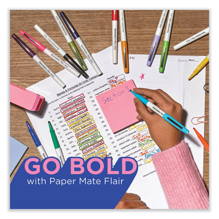 Flair Felt Tip Porous Point Pen, Stick, Bold 1.2 mm, Assorted Ink Colors, White Pearl Barrel, 6/Pack