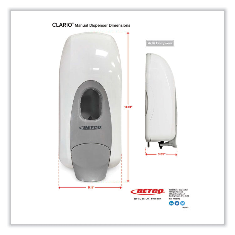 Clario Dispensing System Manual Foam Dispenser, 1,000 mL, 5.11 x 3.85 x 11.73, White, 12/Carton